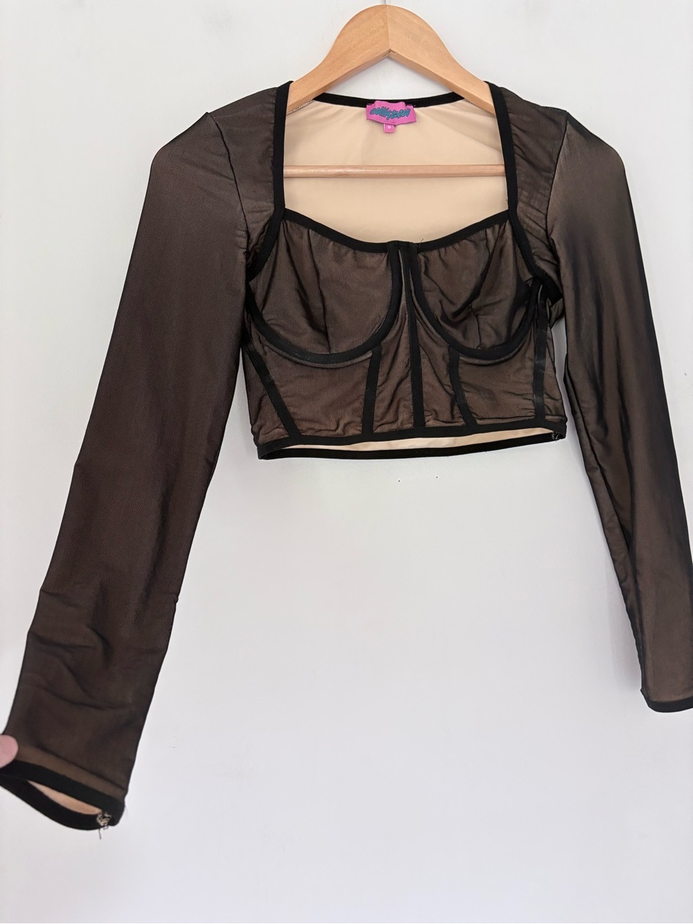 EDIKTED Megan Corset Boning Crop LS Top Black Mesh Nude Underwire Accent NWOT M - Picture 8 of 14